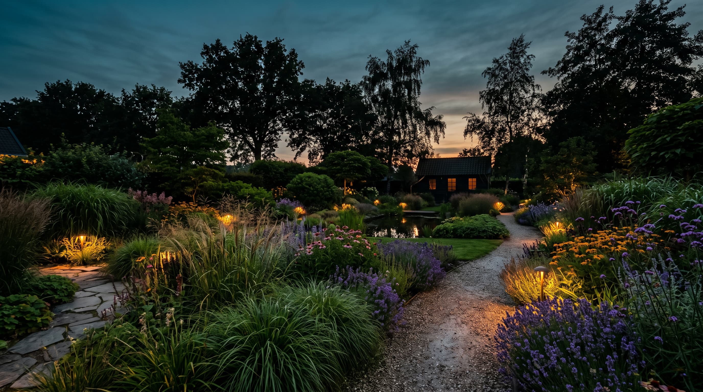 Nederlandse tuin met sfeerverlichting bij schemering